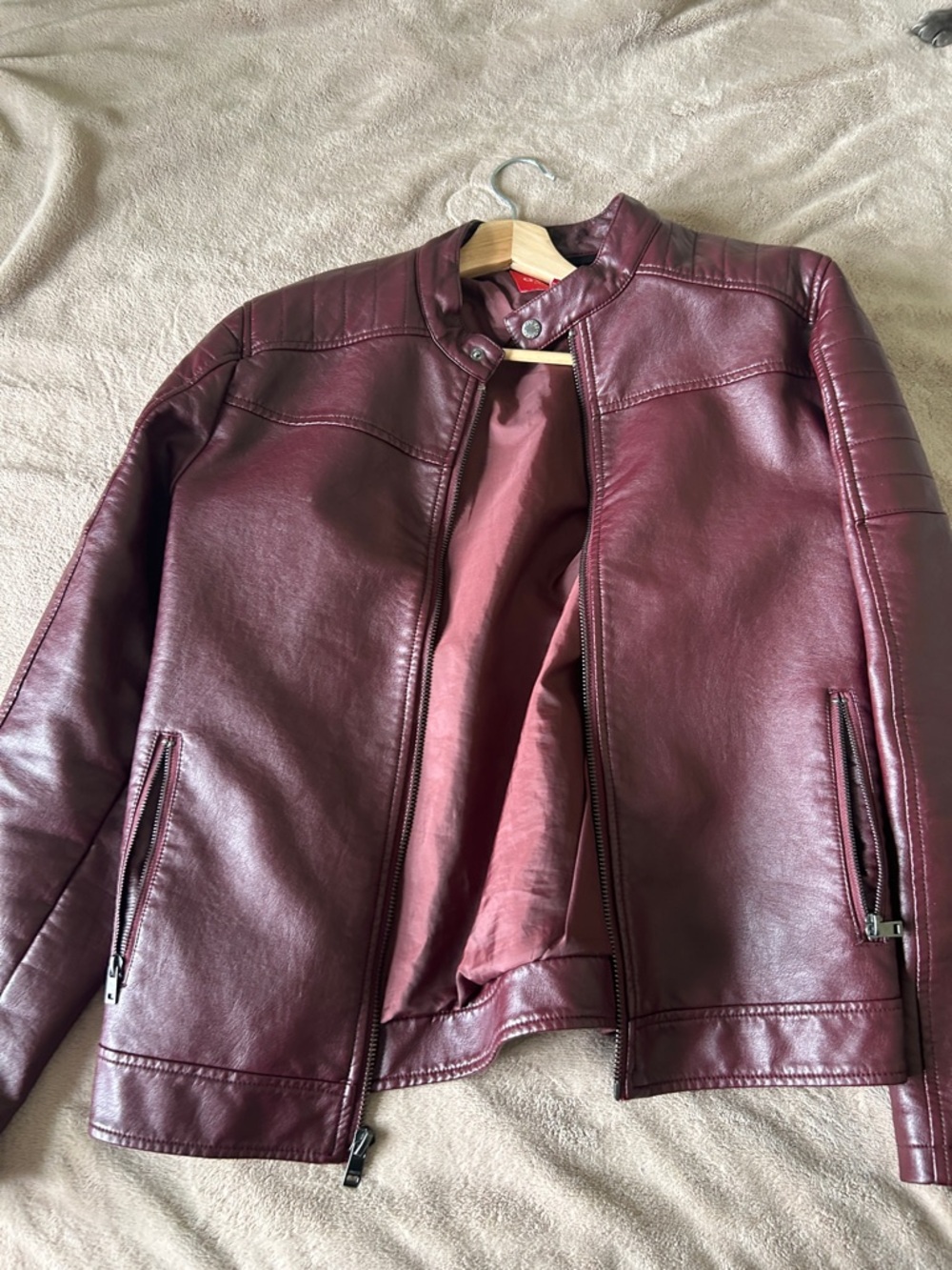 GUESS Burgundy Faux Leather Moto Jacket